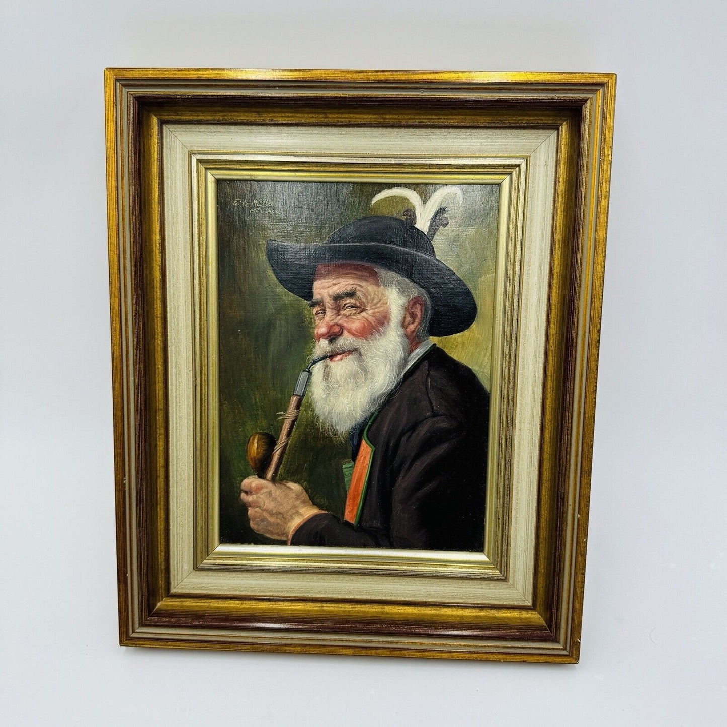 Fritz Mueller Original Painting Guy Smoking Pipe German 1913 10" Antique Framed