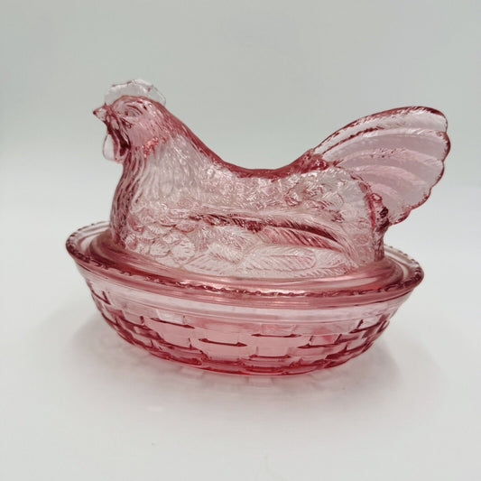 Longaberger Cranberry Pink Glass Hen On Nest Lidded Oval Candy Dish