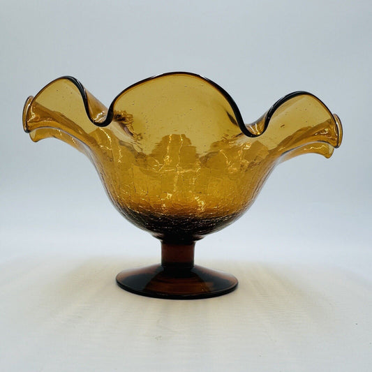 Blenko Art Glass  Amberina Footed Vase Ruffled Crackled Compote 5.5”H x 9”