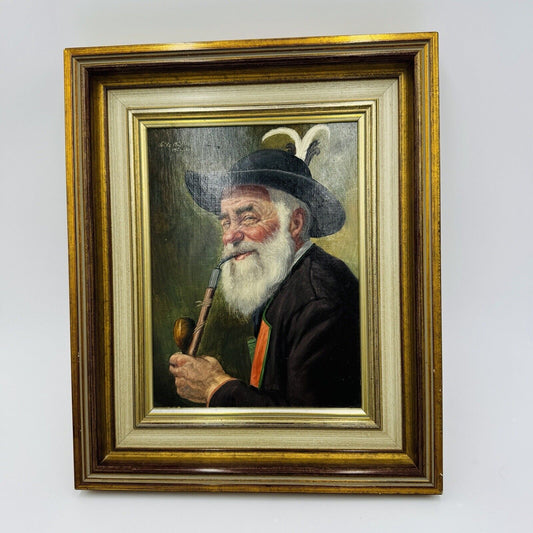 Fritz Mueller Original Painting Guy Smoking Pipe German 1913 10" Antique Framed