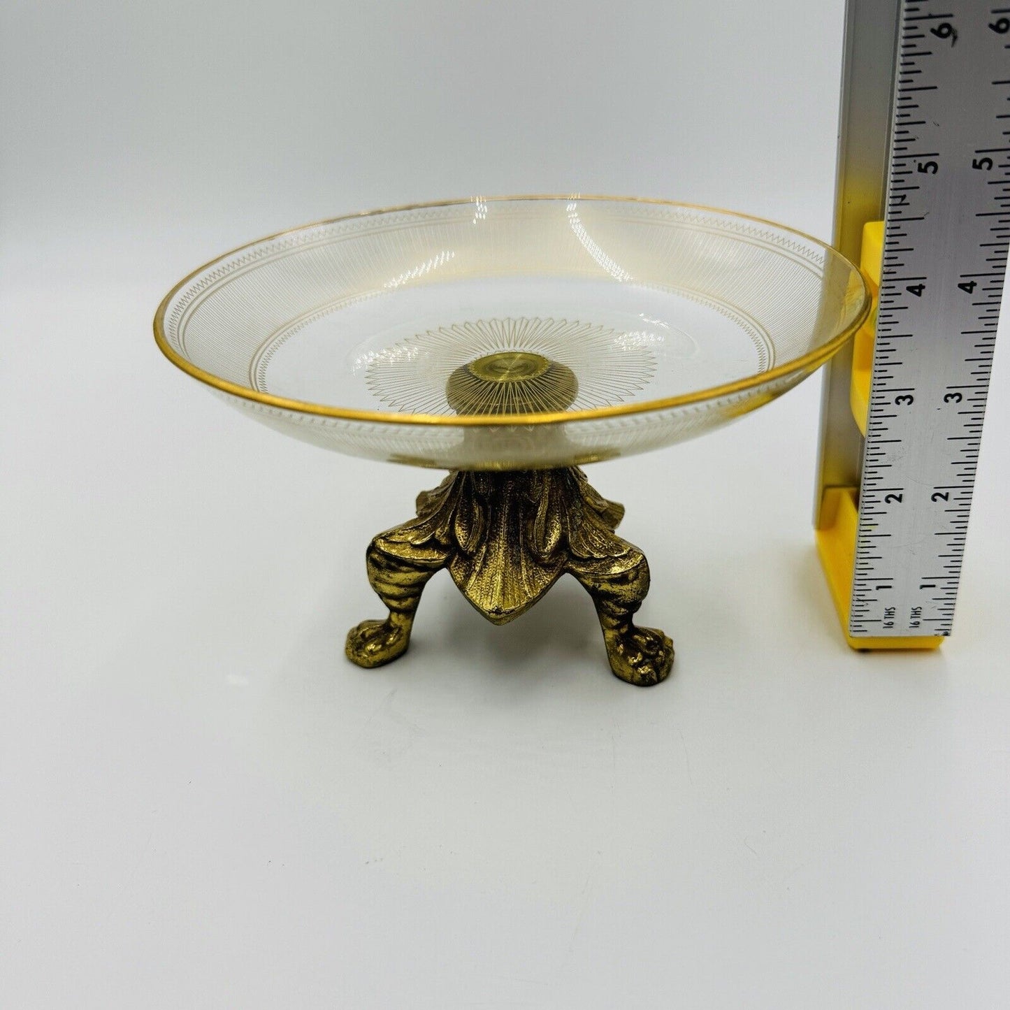 Vintage Hollywood Regency Footed Brass Glass Dish Compote Gilded