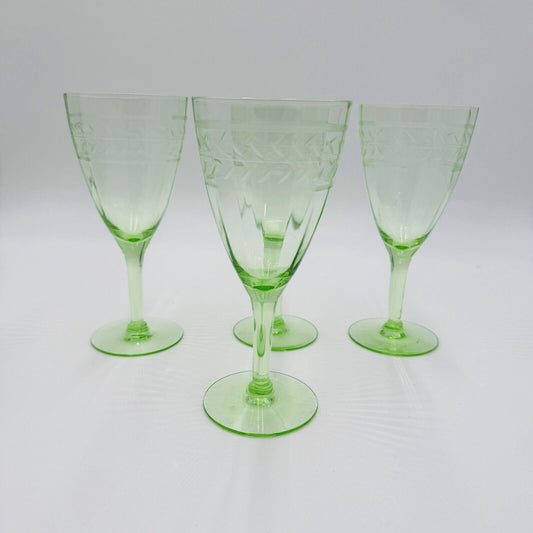Vintage Wine Glasses Green Uranium Vaseline Glass 7" 4 Pieces Glows