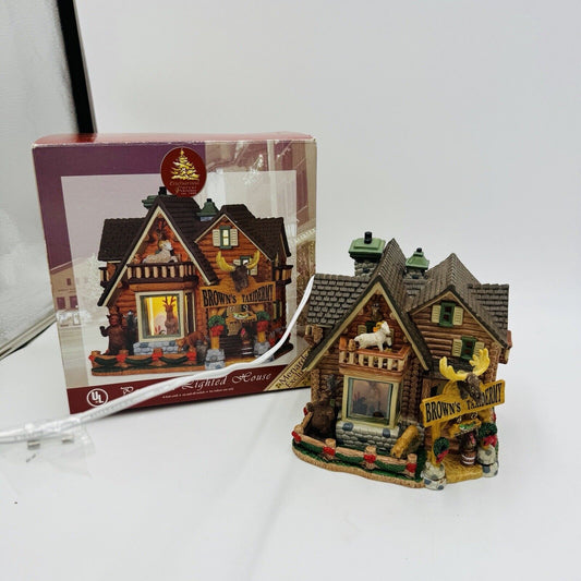 Lemax Christmas Village Brown's Taxidermy Ceramic Log Cabin Animals Vintage