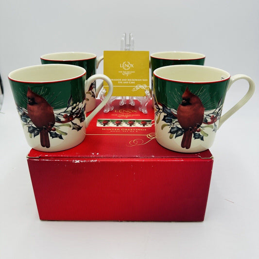 Lenox Porcelain Winter Greetings Cardinal Red Bird  Set of 4 Mugs NEW USA