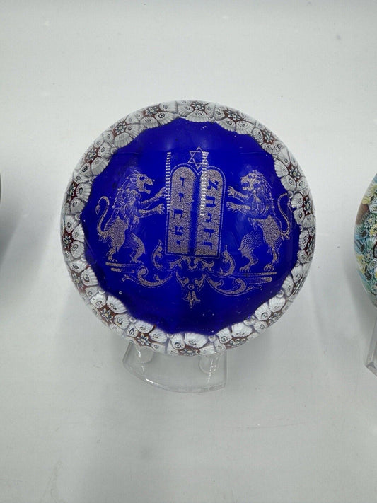 Murano Millefiori Blue Glass Paperweight W/ Gold Star of David, Torah, & Lions