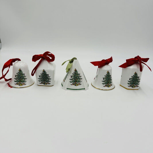 Vintage Spode Christmas Tree England Porcelain Bells Ornaments Set 5 Pcs