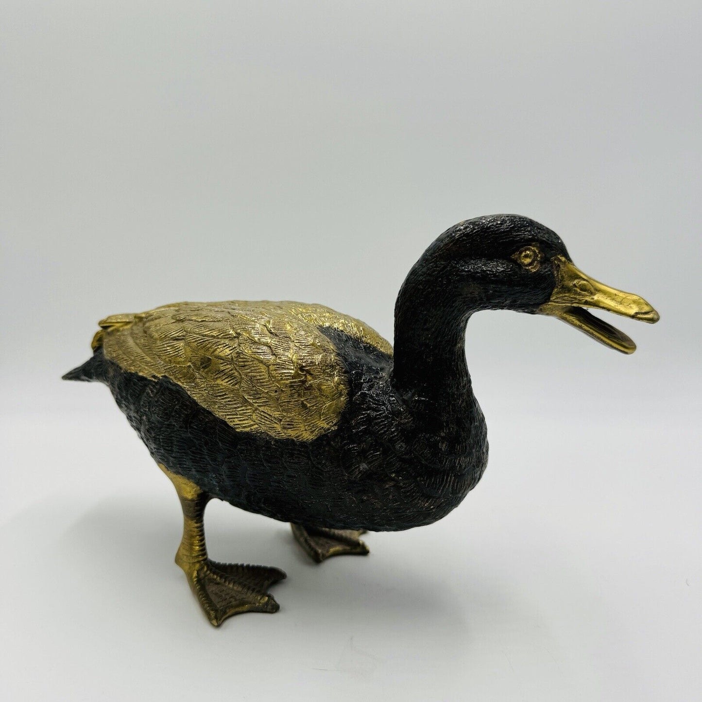 Rare MCM Solid Brass Duck Mallard Sculpture Detailed Vintage 6"H x 11 L