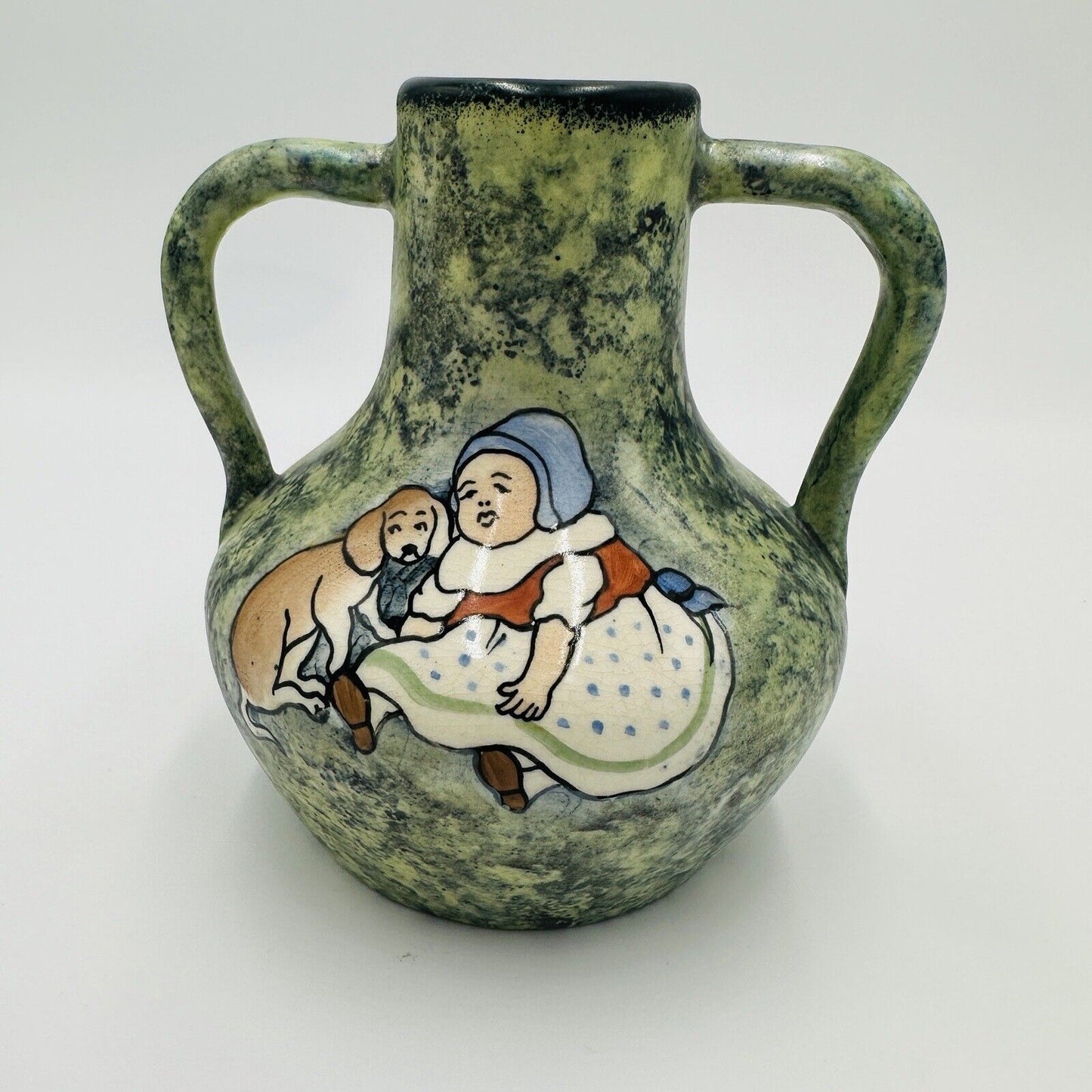 Teplitz Stellmacher Vase Pottery Girl Dog Austrian Amphora Painting Vintage