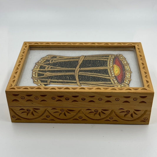 Jewelry Box The Nodding Head Dhol Drum on Lid Red Velvet Carved Wooden