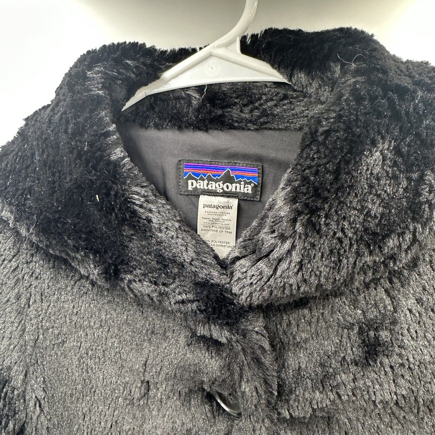 Patagonia Pelage Jacket Girl's Size M 10 Black Faux Fur Shawl Warm Collar Coat