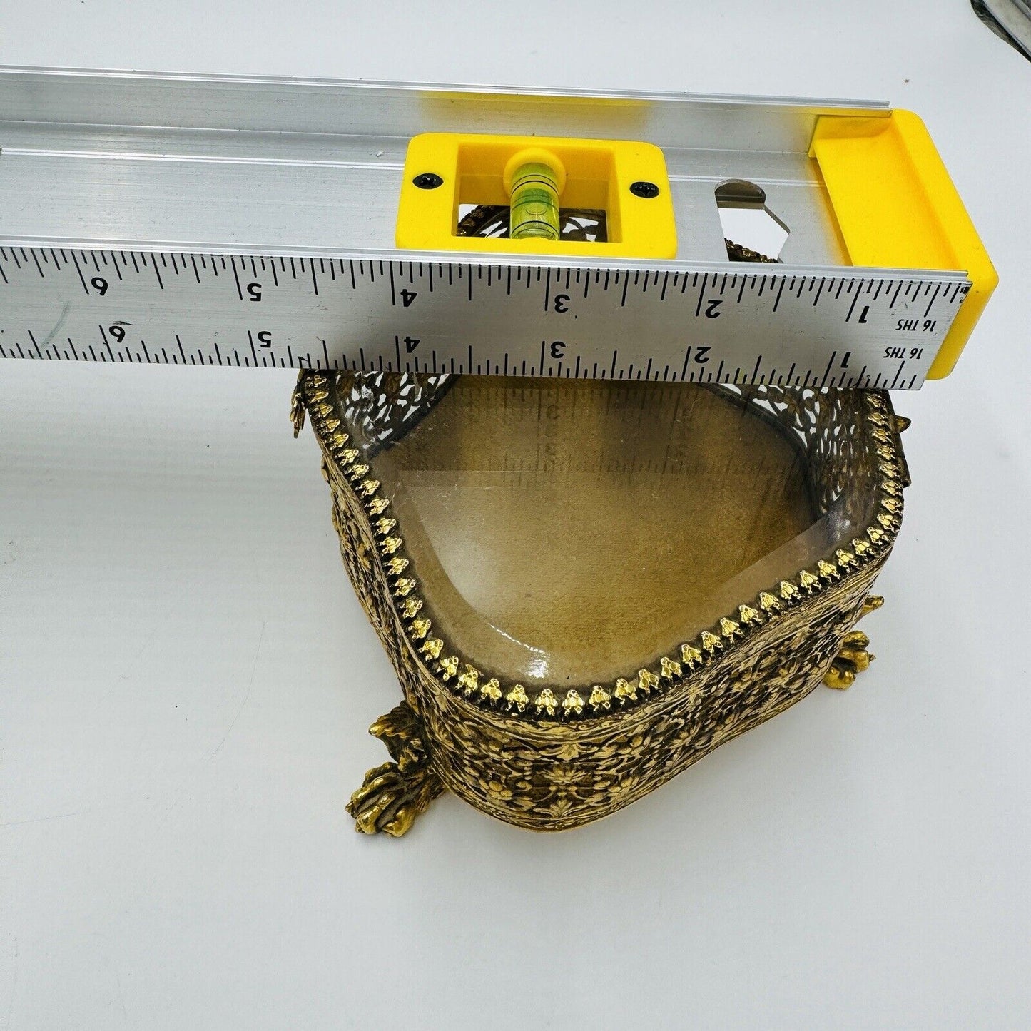 Vintage French Beveled Glass Gold Filigree Ormolu Jewelry Casket Box Claw Foot