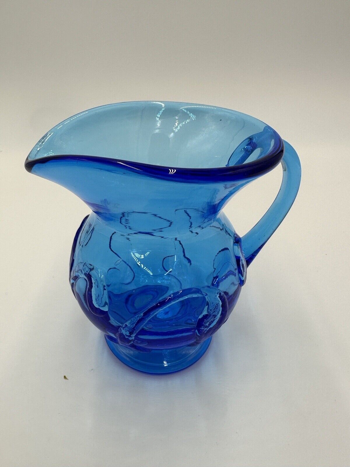 Pitcher Art Glass Hand Blown Electric Blue Floral Pressed Handled Decor Vintage