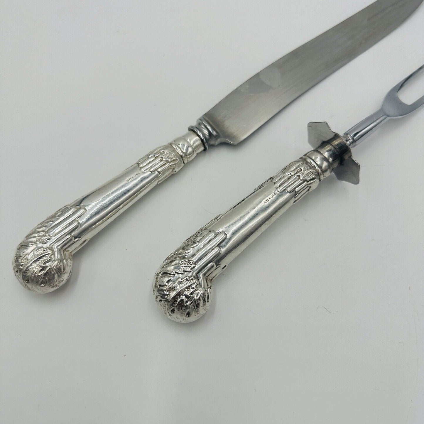 Ambassador Sheffield UK Sterling Silver Handles Set Knife & fork Carving Art De