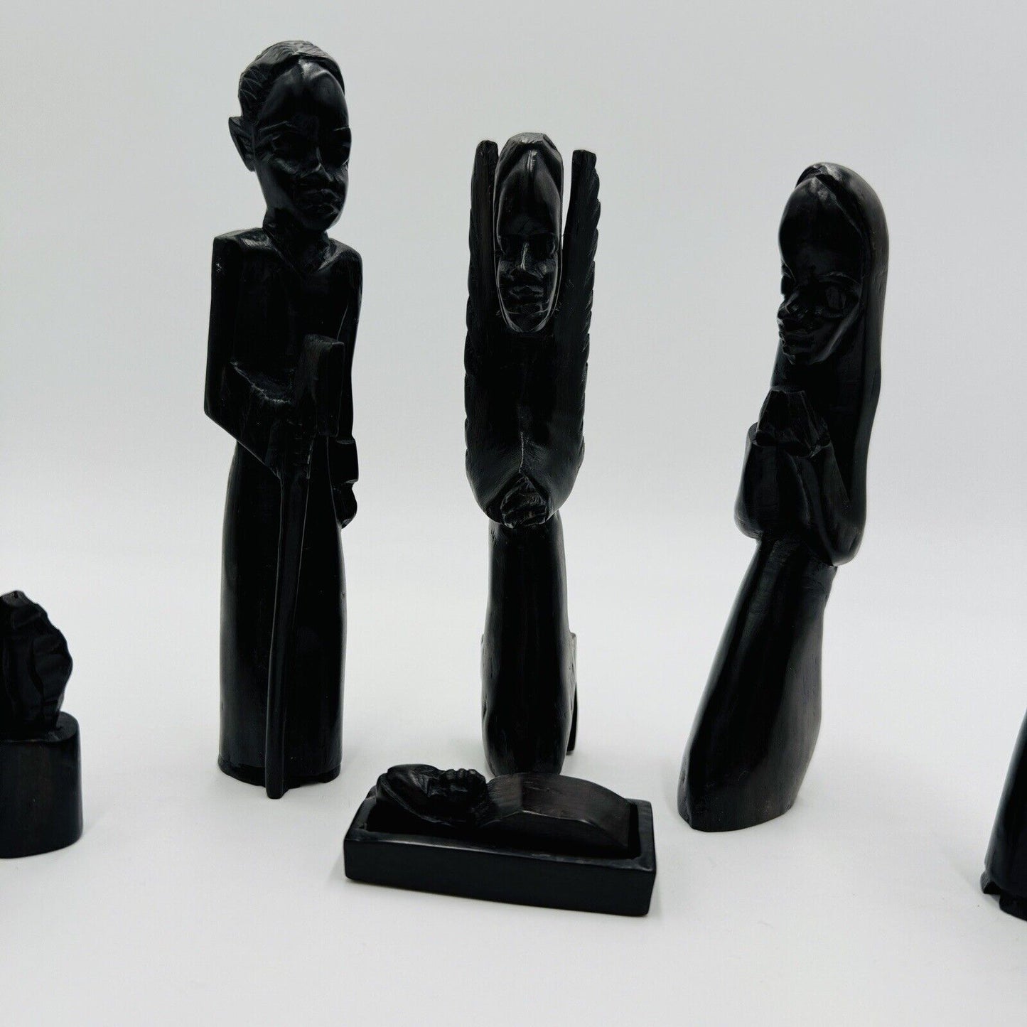 Vintage Art Folk African Nativity Set 13 Pieces Hand Carved Ebony Wood Black