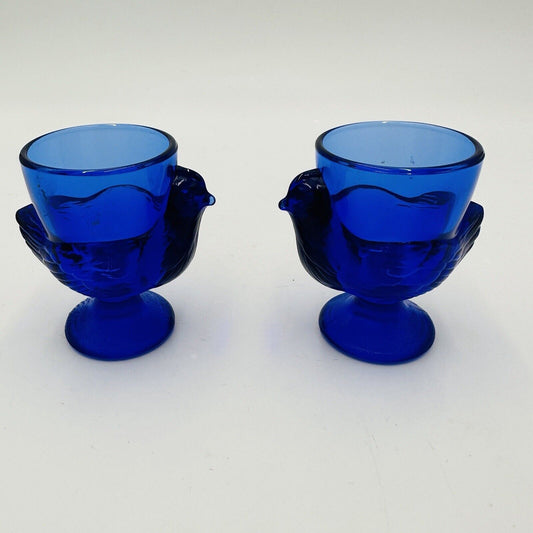 Arcoroc Chicken Hen Egg Cup Holders 2 Pieces Vintage France Cobalt Blue Glass