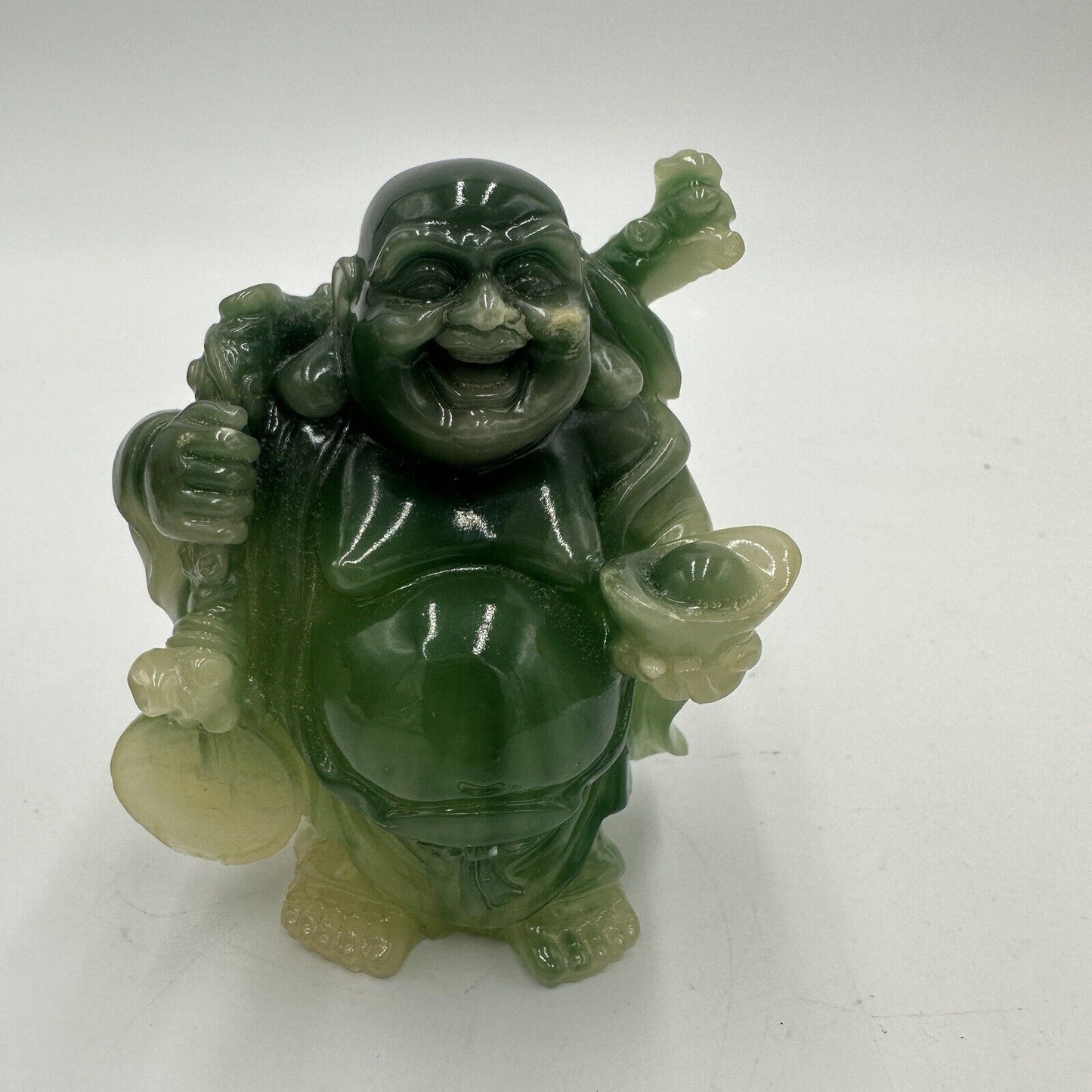 Feng Shui Open Mouth Laughing Budda Two Tone Green Jade Opalecent
