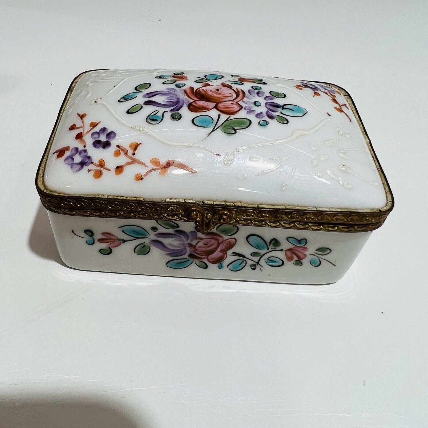 French Trinket Box Porcelain Floral Decoration Made In France with Lid Antique