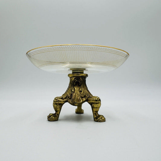 Vintage Hollywood Regency Footed Brass Glass Dish Compote Gilded