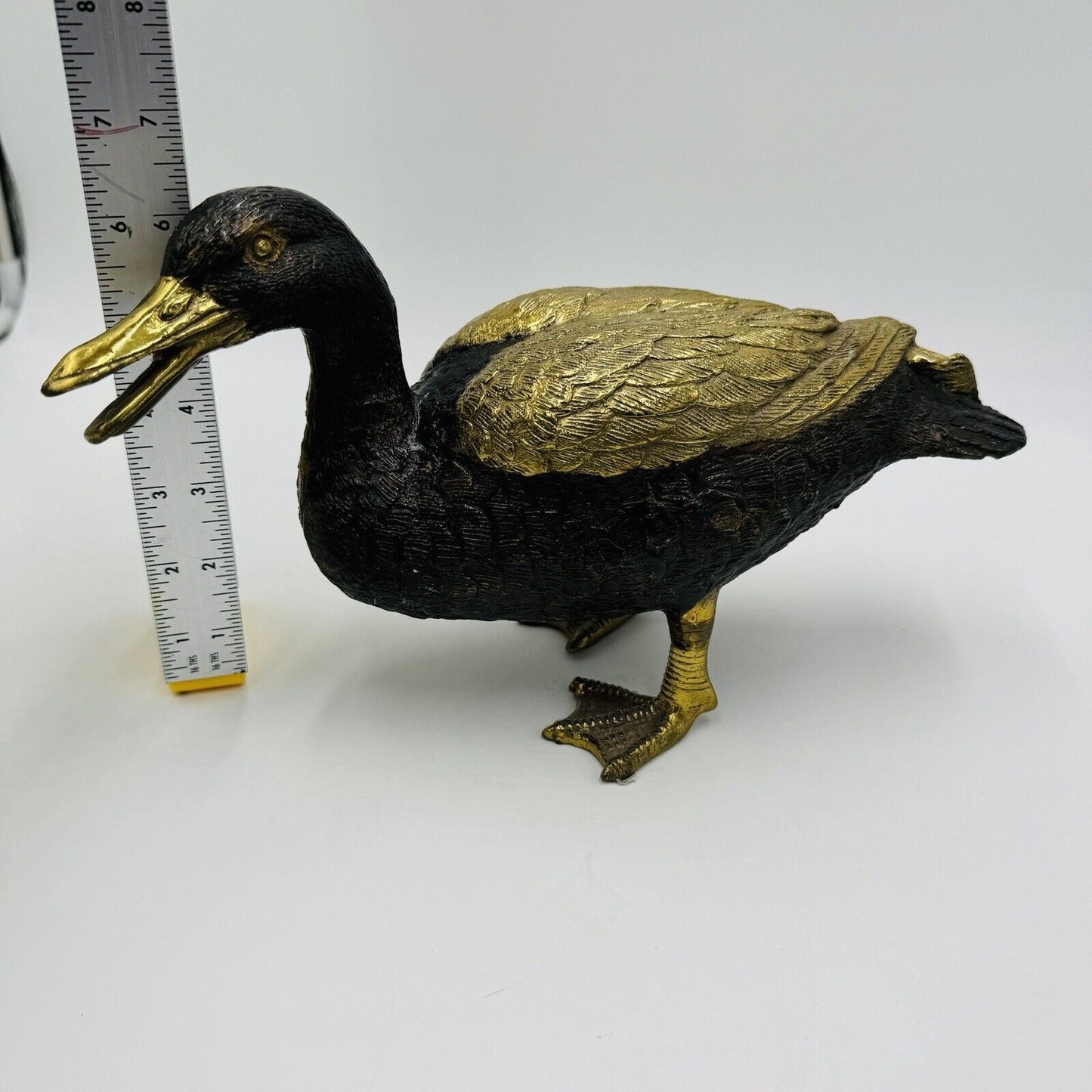 Rare MCM Solid Brass Duck Mallard Sculpture Detailed Vintage 6"H x 11 L