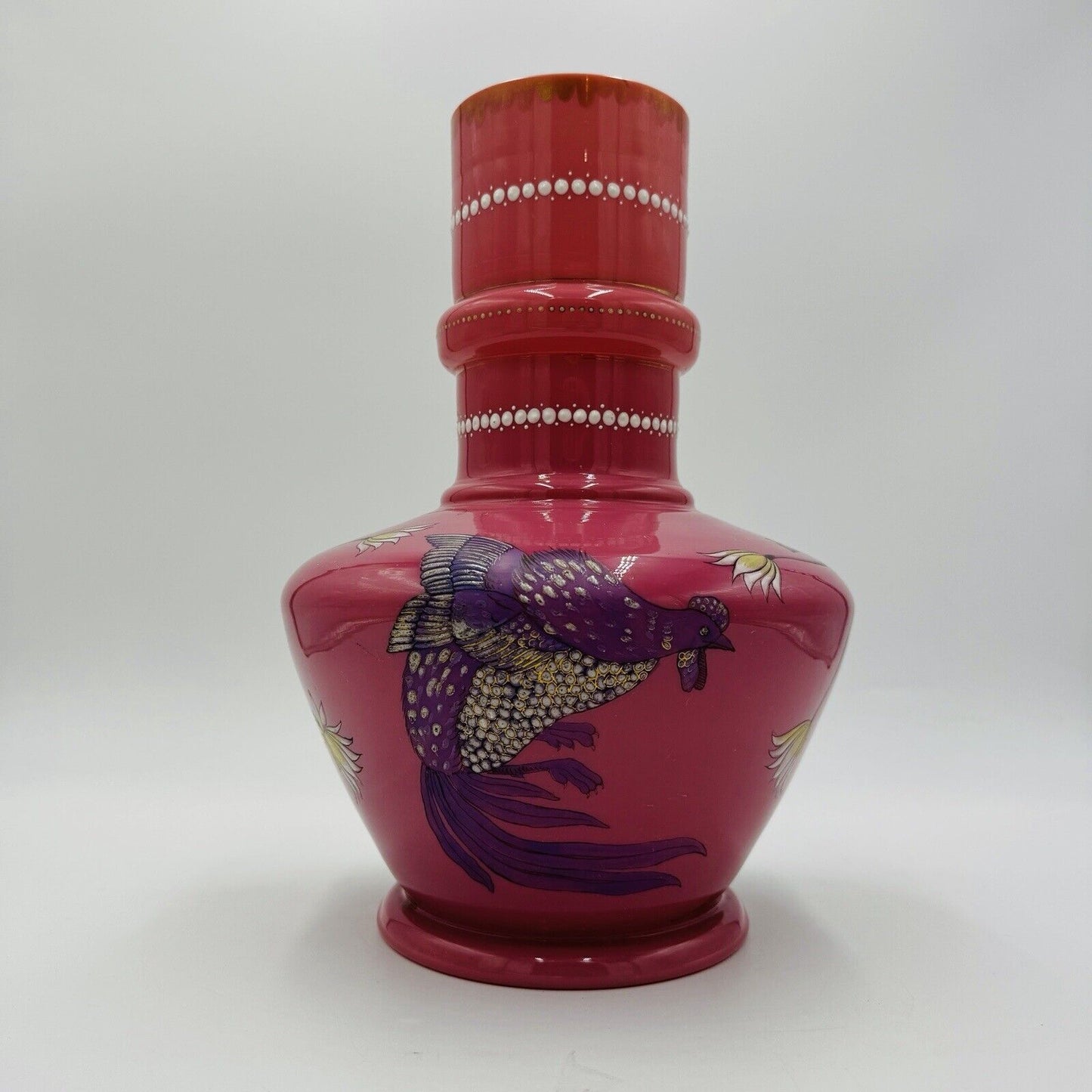 Victorian aesthetic pink opaline glass vase Roosters Fighting Daisies Large Rare