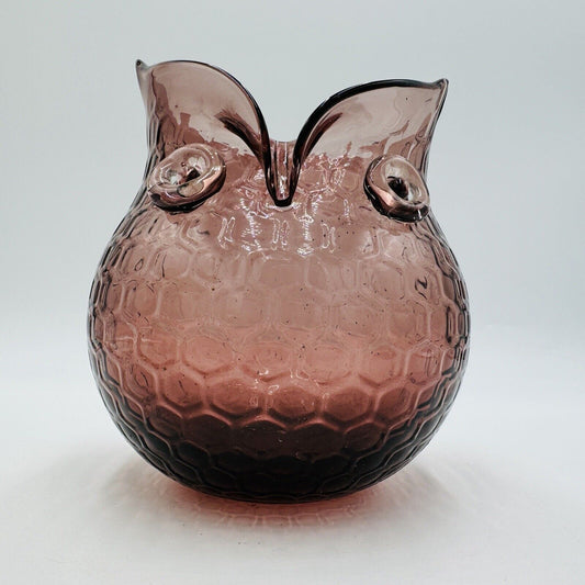 Vintage Murano Art Glass Owl Vase Purple Honeycomb Pattern Italy Amethyst 6.5"