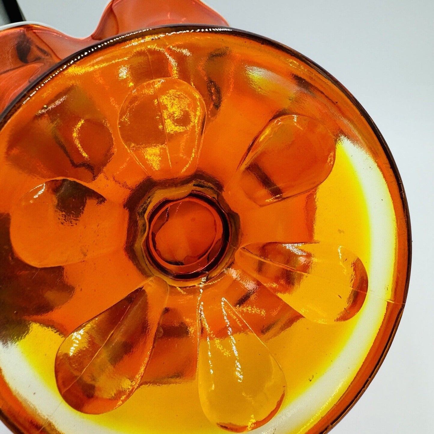Viking Art Glass MCM Footed Amberina Orange Compote Epic 6 Petals Bowl 7.5"x 11