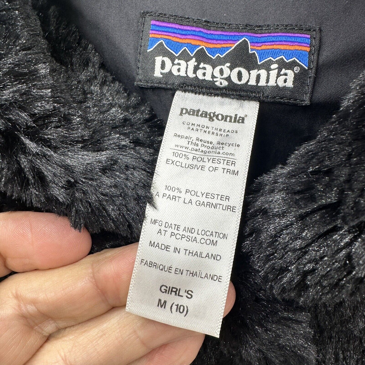 Patagonia Pelage Jacket Girl's Size M 10 Black Faux Fur Shawl Warm Collar Coat