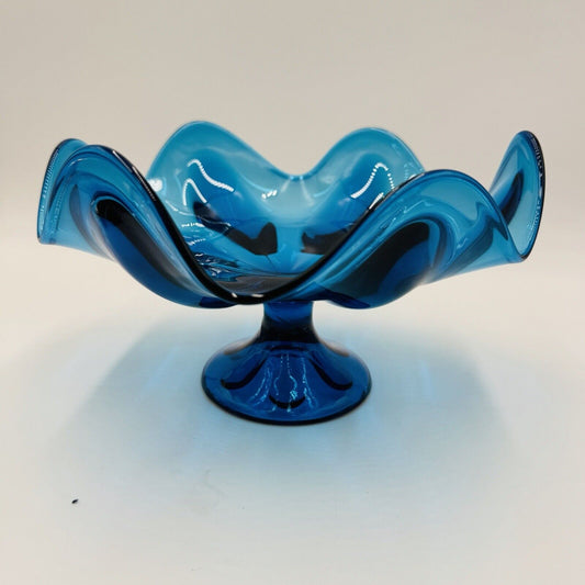 Viking Art Glass Teal Aqua Blue Pedestal Dish Compote Bowl Vintage Mid Century