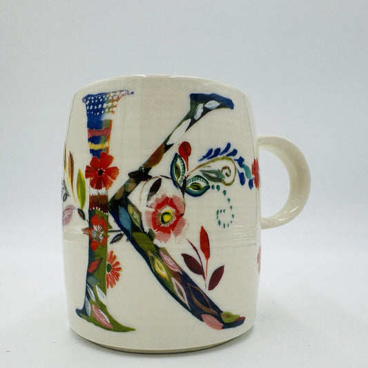 ANTHROPOLOGIE Monogram K Coffee Mug STARLA M. HALFMANN 12oz Porcelain Floral