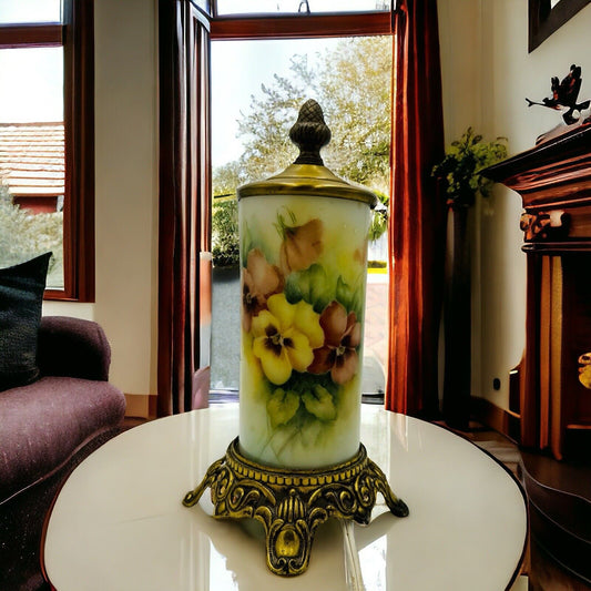 Vintage Satin Glass Table Lamp Cylinder HandPainted Floral Signed Brass Art Deco