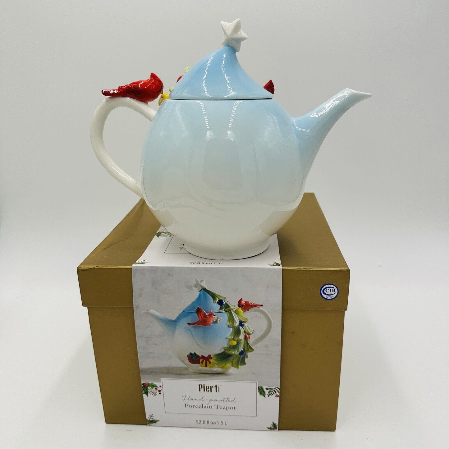 Pier 1 Imports Teapot Porcelain Cardinals & Christmas Tree Hand Painted Ceramic