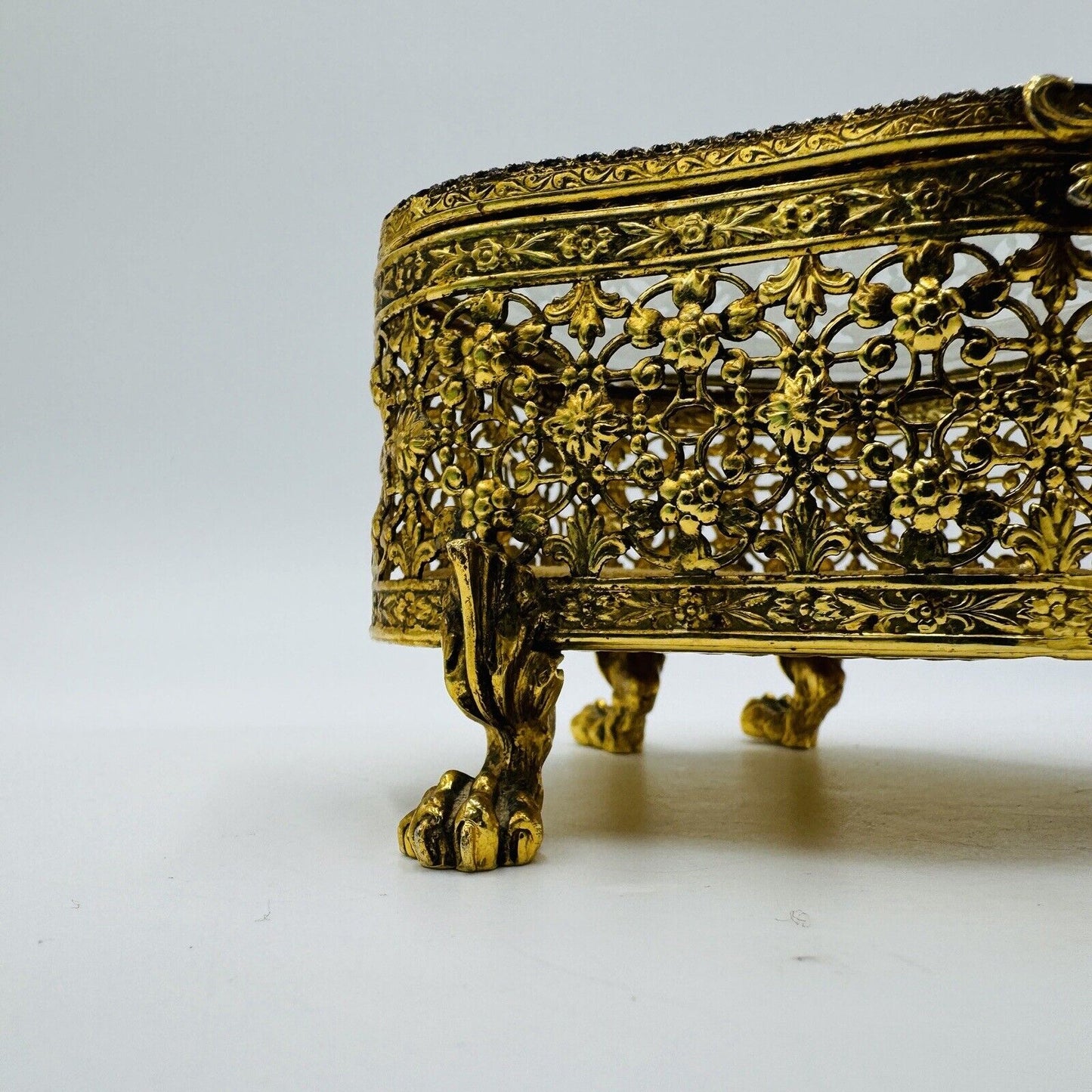 Vintage French Beveled Glass Gold Filigree Ormolu Jewelry Casket Box Claw Foot