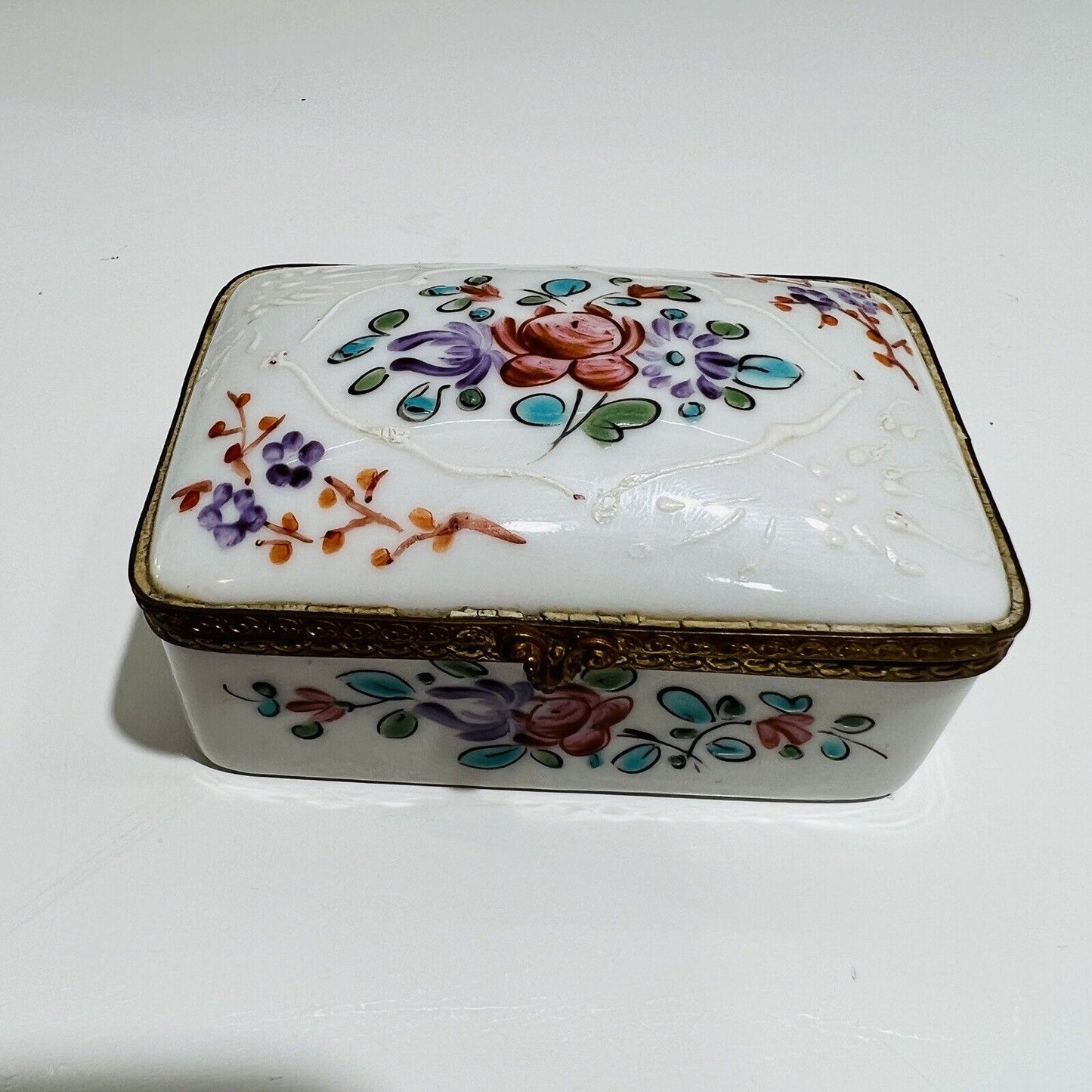 French Trinket Box Porcelain Floral Decoration Made In France with Lid Antique