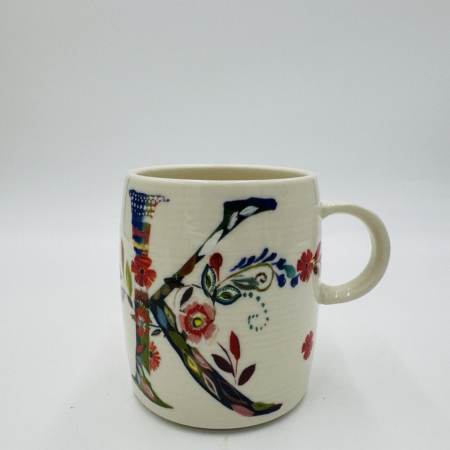 ANTHROPOLOGIE Monogram K Coffee Mug STARLA M. HALFMANN 12oz Porcelain Floral