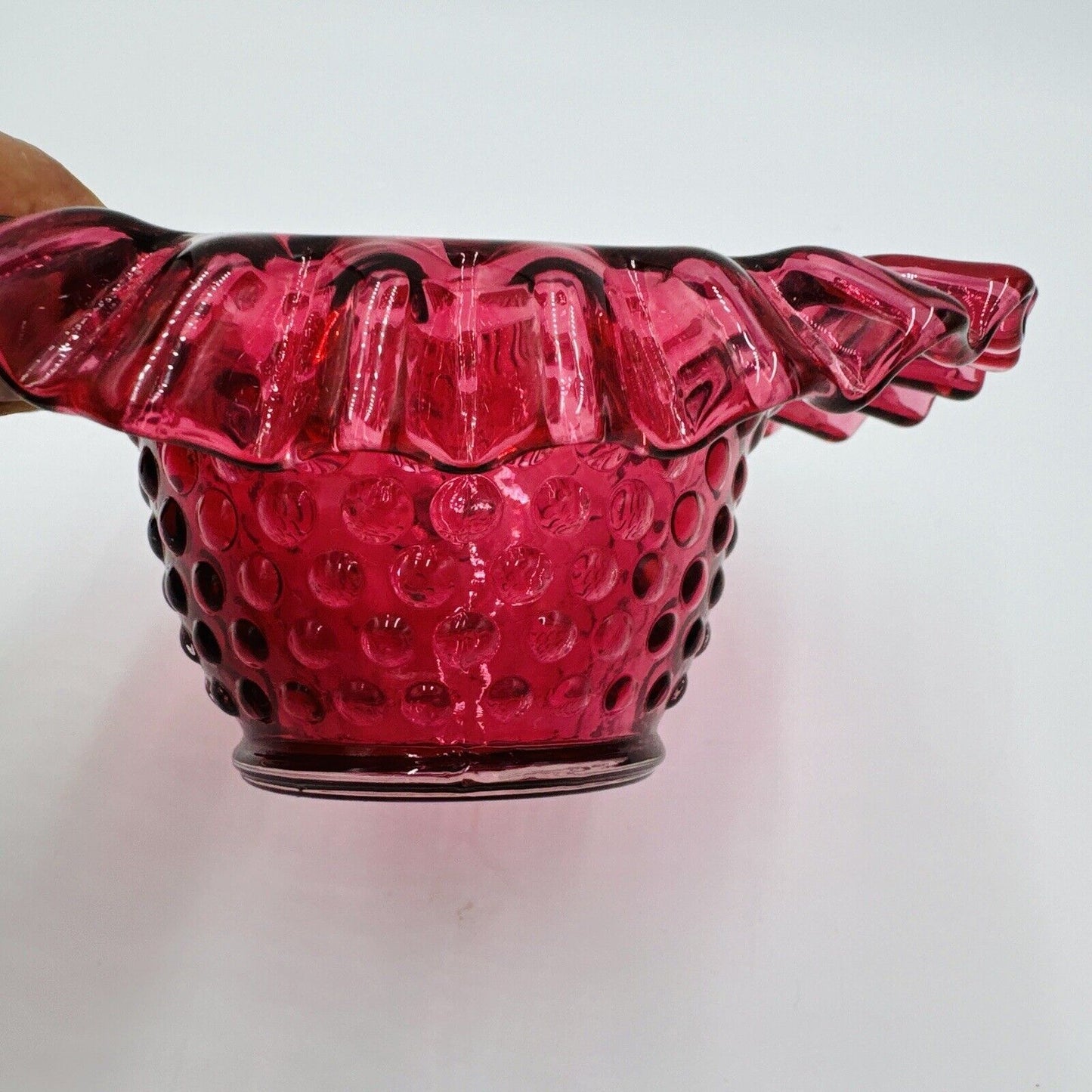 Fenton Art Glass Hobnail CRANBERRY RUFFLED Bowl With Handle Pitcher 4”h