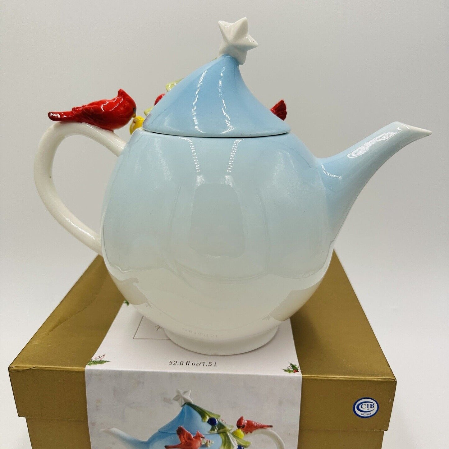Pier 1 Imports Teapot Porcelain Cardinals & Christmas Tree Hand Painted Ceramic