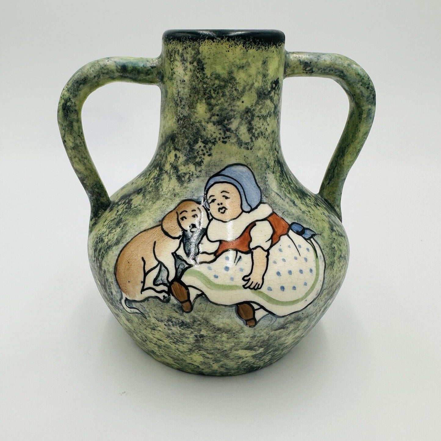 Teplitz Stellmacher Vase Pottery Girl Dog Austrian Amphora Painting Vintage