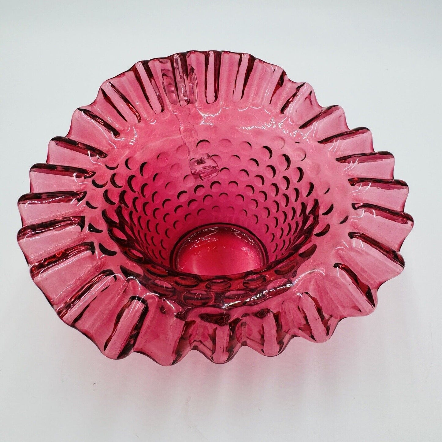 Fenton Art Glass Hobnail CRANBERRY RUFFLED Bowl With Handle Pitcher 4”h