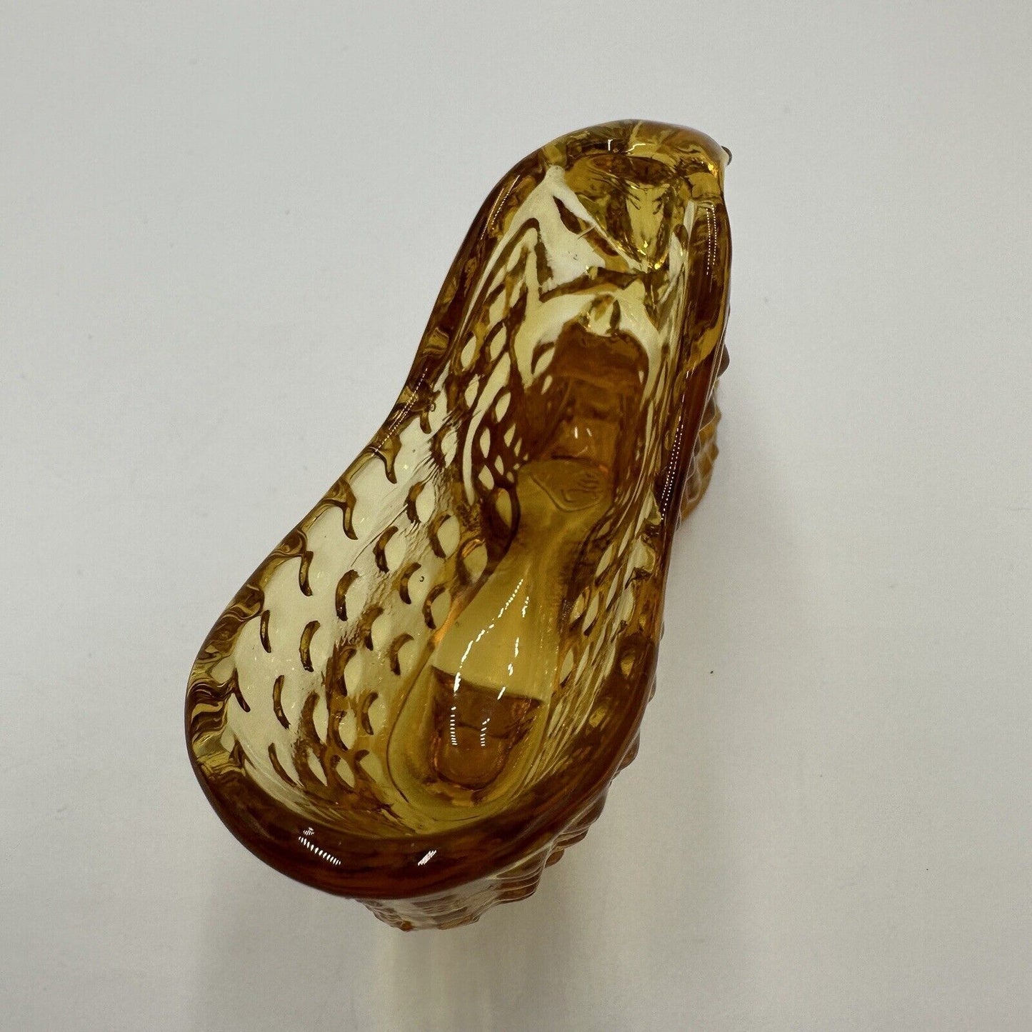 FENTON Art Glass Amber Hobnail Shoe Slipper with Cat Head Victorian Vintage