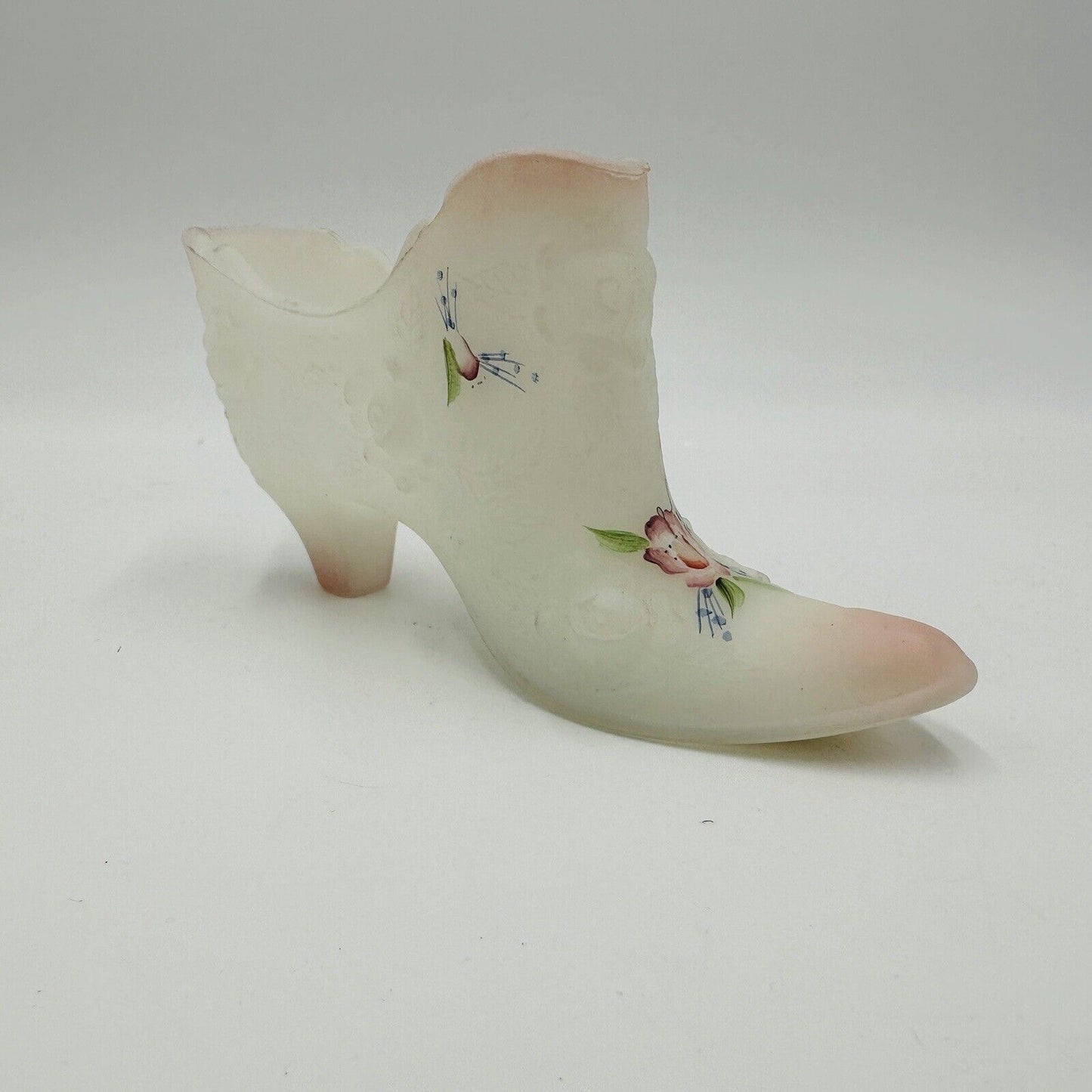Fenton art glass Opal Satin Rose Garden Queen Slipper Handpainted Signed