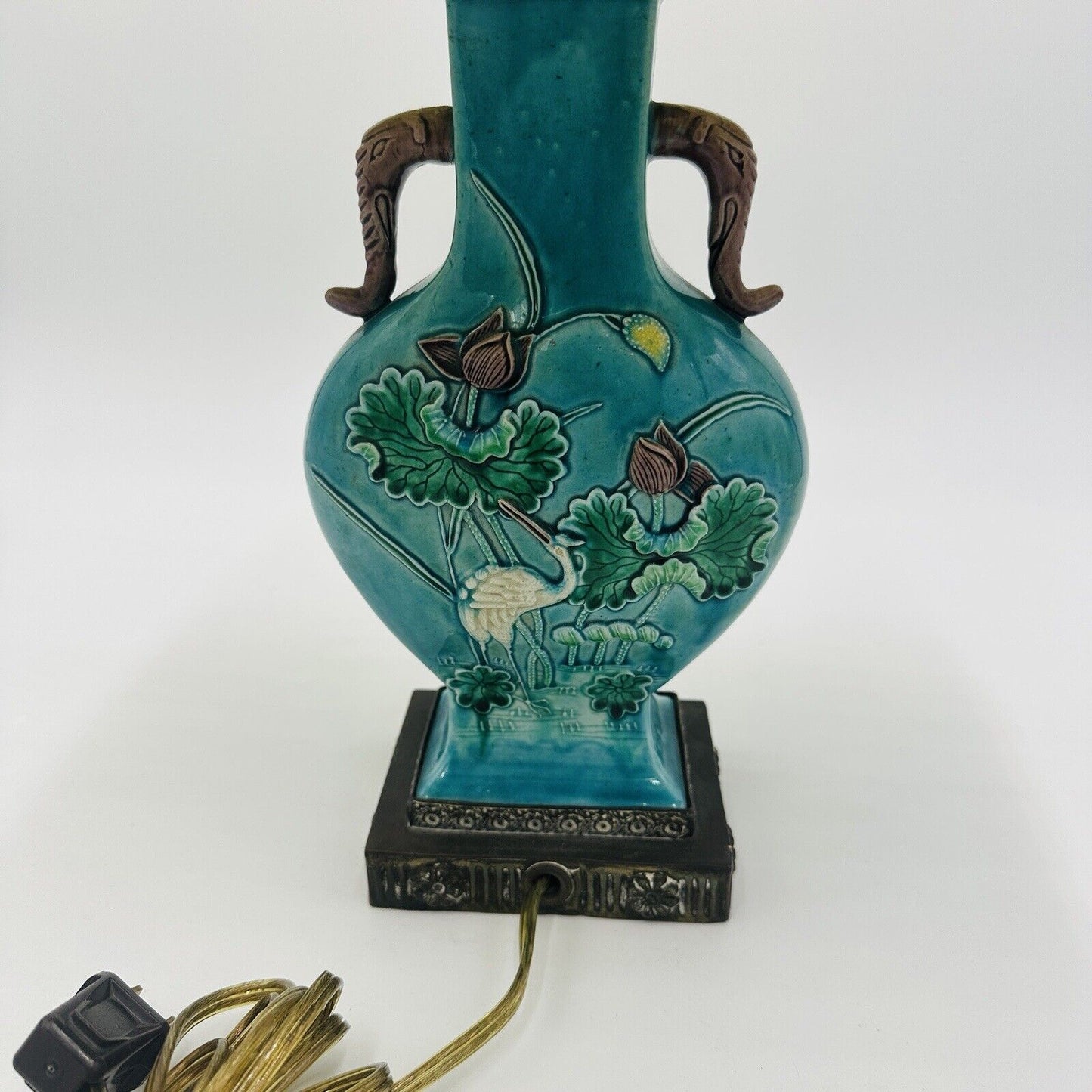 Chinese Lily Wu Majolica Lamp Turquoise Crane Elephant Handles Bronze Republic