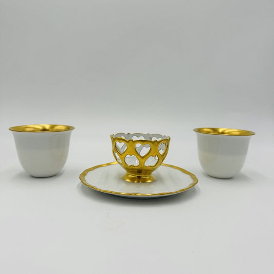 French Porcelain Gold Trip Egg Holders 3 Pieces Unmarked Rare Antique Serveware