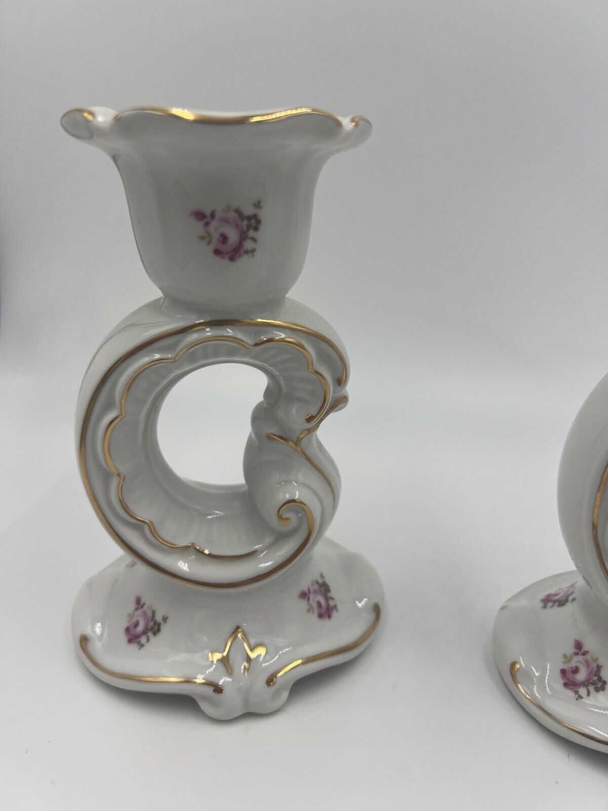 Weimar Candle Holder Porcelain Floral Gold Trim Germany Vintage Set of 2