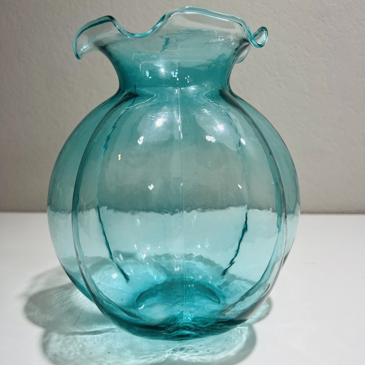 Vase Art Glass Round Teal Blue Melon Shape 1950 Vintage Home Decor