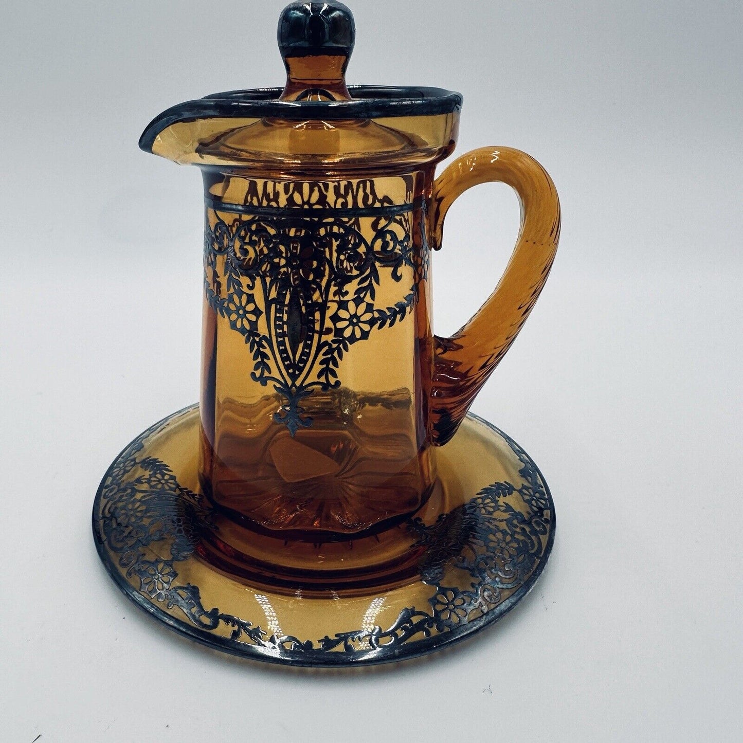 Amber Glass Lidded Pitcher and Saucer  with Sterling Silver Overlay Serveware