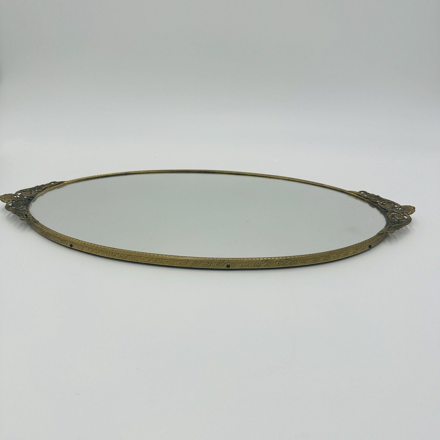 Mirror Art Deco Gilt Brass Wall Vintage Oval  8in W x 17in H Jewerly Display