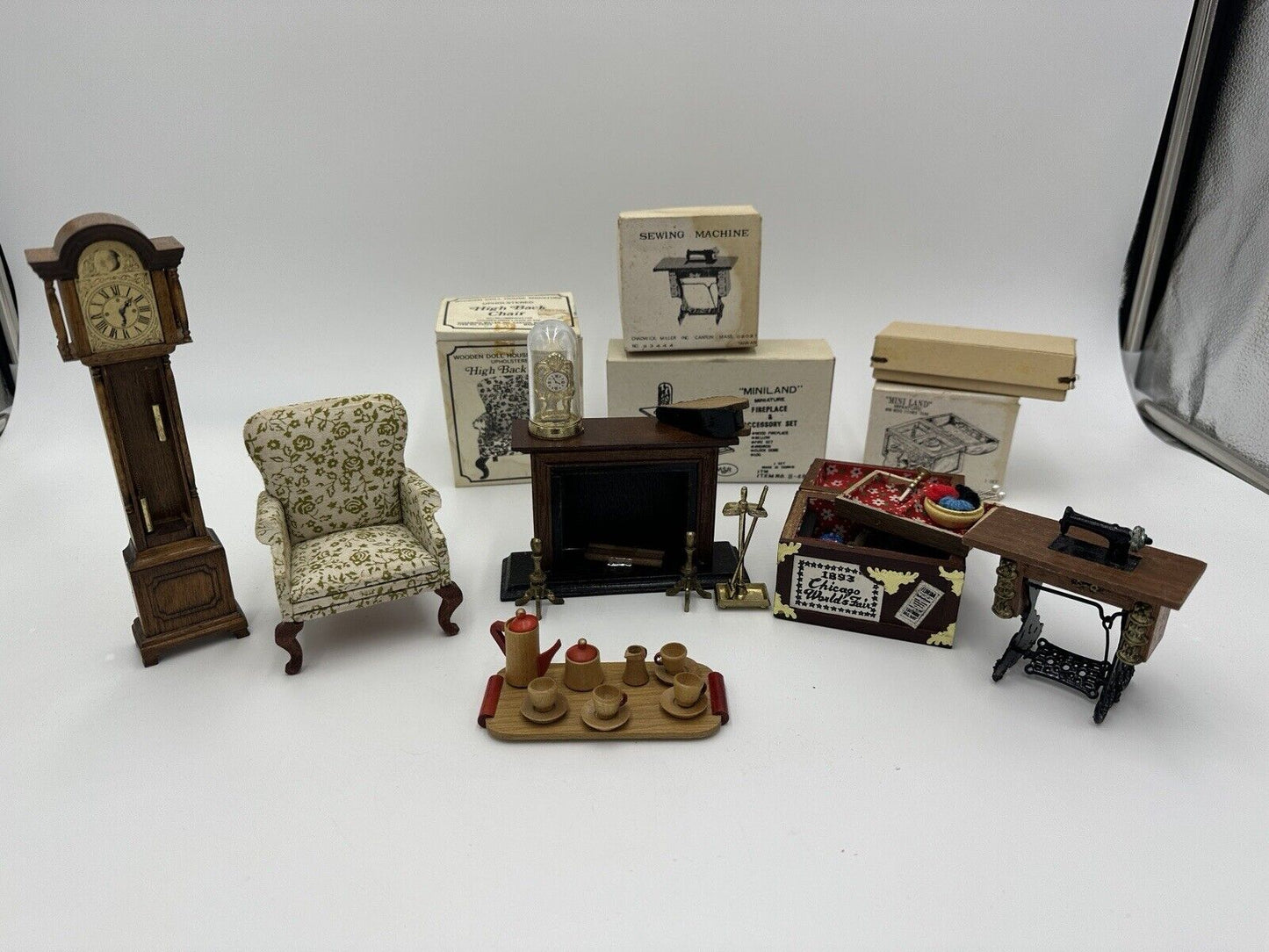 Dollhouse Furniture Clock Sewing Machine Land Chest Fireplace Chair Vintage Lot