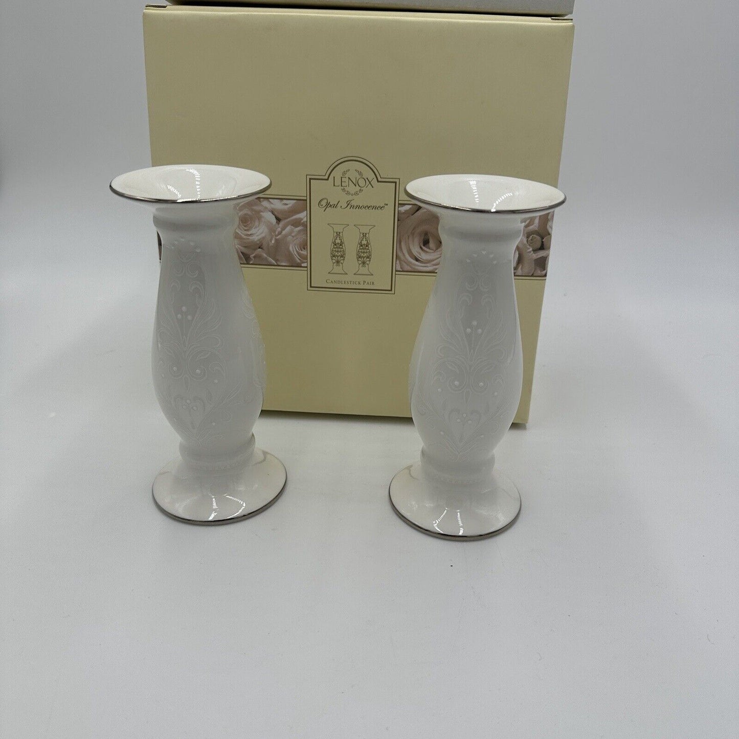 Lenox Porcelain White Opal Innocence Candlesticks Set Table Decor Home Dining