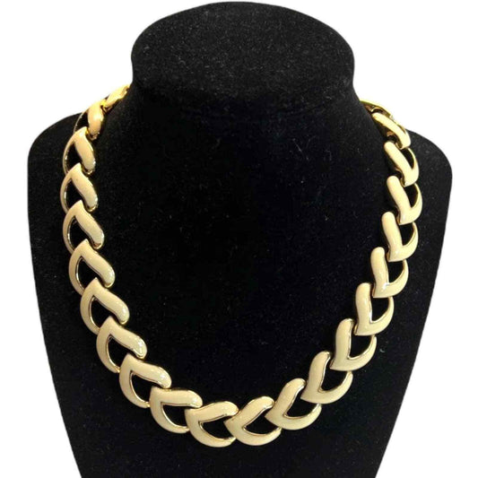 Necklace Costume Jewelry Chain Cream Enamel Gold Plated Statement 1980s Vintage