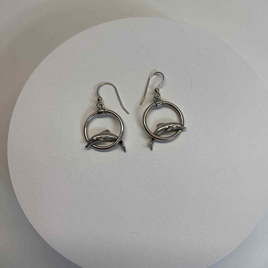 Earrings Dolphin Dangle Hoop  Sterling Silver  - 3/4" Women Fine Jewelry